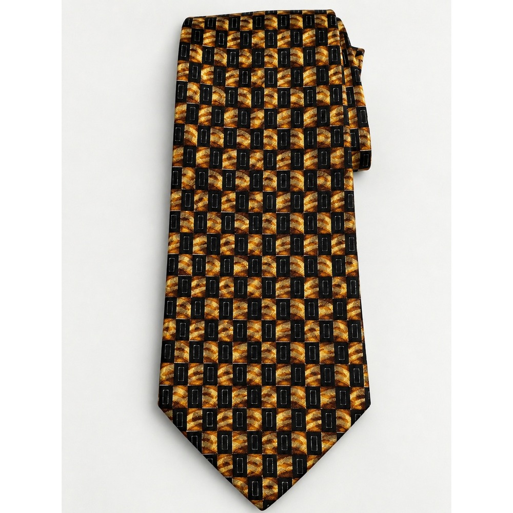 Vintage Ermenegildo Zegna Silk Tie Black Gold Geometric Made Italy 4" Wide
